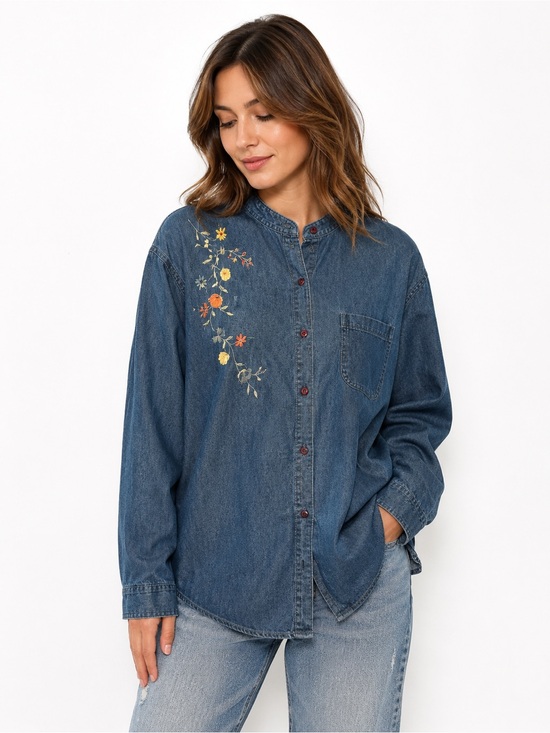 Tops - Vintage Carol Reed Denim Shirt Floral Embroidered Button Front Blue Chambray
